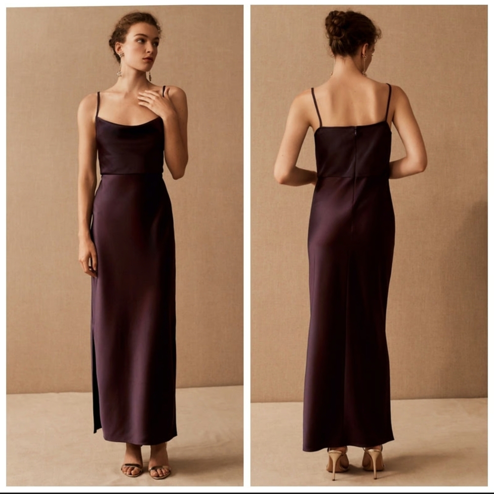 BHLDN Plum Satin Maxi Dress with Spaghetti Straps